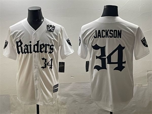 Las Vegas Raiders #34 Bo Jackson White 'Gothic Sin City Shadows Edition' With 65th Anniversary Patch Vapor Limited Stitched Jersey