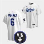 Los Angeles Dodgers #6 Trea Turner 2022 White Vin Scully Patch Cool Base Stitched Baseball Jersey