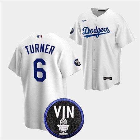 Los Angeles Dodgers #6 Trea Turner 2022 White Vin Scully Patch Cool Base Stitched Baseball Jersey
