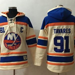 Islanders #91 John Tavares Cream Sawyer Hooded Sweatshirt Stitched Jersey