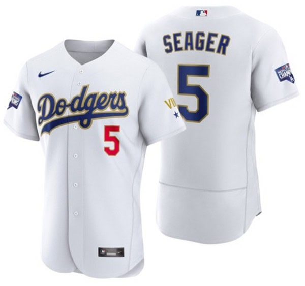 Los Angeles Dodgers #5 Corey Seager White Gold Championship Flex Base Sttiched Jersey