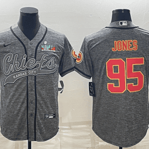 Kansas City Chiefs #95 Chris Jones Grey With Super Bowl LVII Patch Cool Base Stitched Baseball Jersey