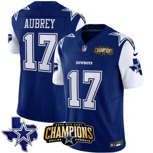 Dallas Cowboys #17 Brandon Aubrey Blue White 2023 F.U.S.E. NFC East Champions Patch Stitched Jersey