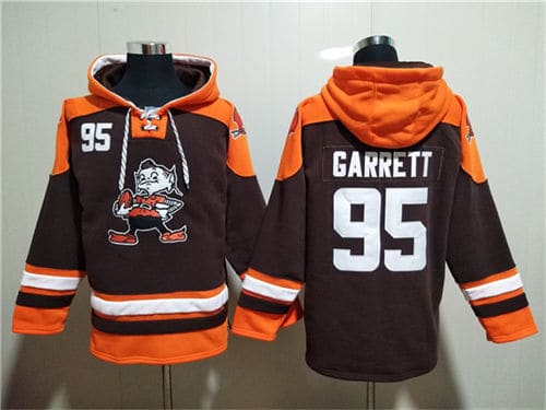 Cleveland Browns #95 Myles Garrett Brown Lace-Up Pullover Hoodie
