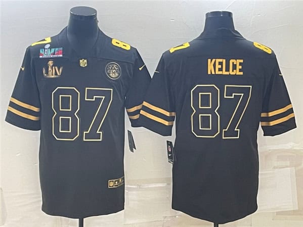 Kansas City Chiefs #87 Travis Kelce Black Golden Super Bowl LV And Super Bowl LVII Patch And 4-Star C Patch Vapor Untouchable Limited Stitched Jersey