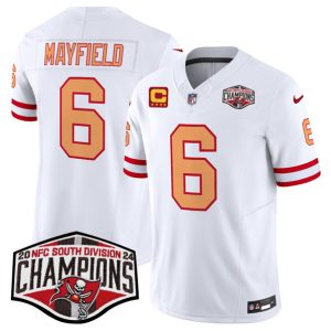 Tampa Bay Buccaneers #6 Baker Mayfield White 2024 F.U.S.E. NFC South Division Champions With 4-Star C Patch Limited Stitched Jersey