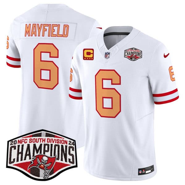 Tampa Bay Buccaneers #6 Baker Mayfield White 2024 F.U.S.E. NFC South Division Champions With 4-Star C Patch Limited Stitched Jersey