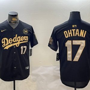 Los Angeles Dodgers #17 Shohei Ohtani Black Gold 2024 World Series With No. 34 Patch Limited Stitched Jersey