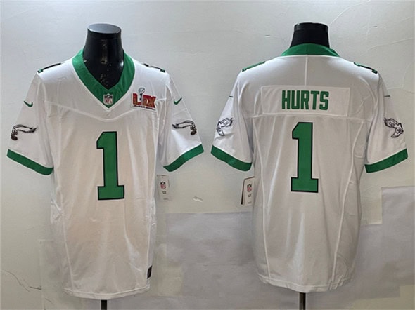 Philadelphia Eagles #1 Jalen Hurts White 2025 Super Bowl LIX Patch F.U.S.E. Vapor Untouchable Limited Stitched Jersey