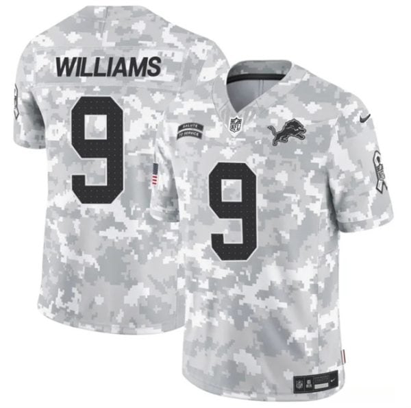 Detroit Lions #9 Jameson Williams Arctic Camo 2024 F.U.S.E. Salute To Service Limited Stitched Jersey