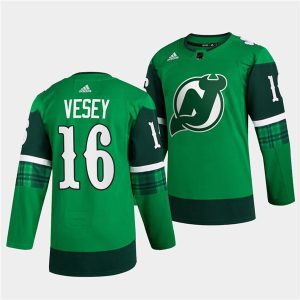 New Jersey Devils #16 Jimmy Vesey Green Warm-Up St Patricks Day Stitched Jersey