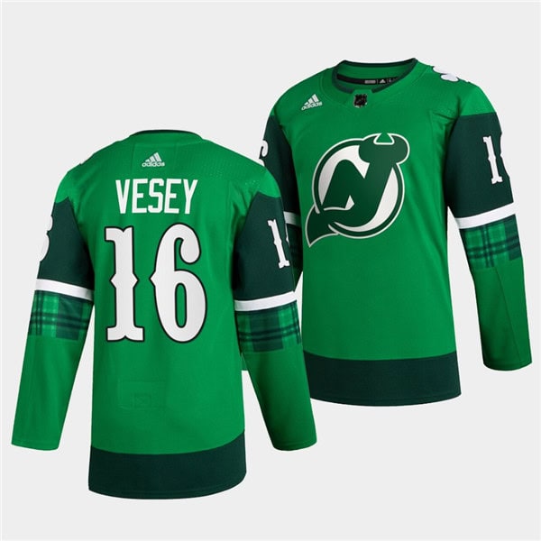 New Jersey Devils #16 Jimmy Vesey Green Warm-Up St Patricks Day Stitched Jersey