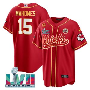 Kansas City Chiefs #15 Patrick Mahomes Red With 4-Star C Patch And Super Bowl LVII Patch Cool Bae Stitched Jersey