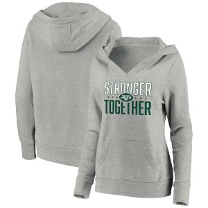 New York Jets Heather Gray Stronger Together Crossover Neck Pullover Hoodie(Run Small)