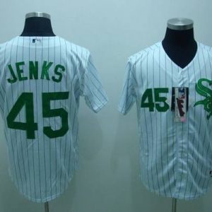 White Sox #45 Bobby Jenks Stitched White Green Strip Jersey
