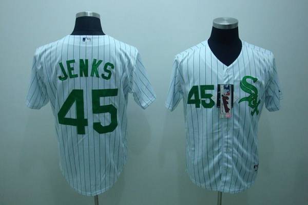White Sox #45 Bobby Jenks Stitched White Green Strip Jersey