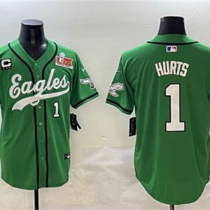 Philadelphia Eagles #1 Jalen Hurts Green 2025 Super Bowl LIX And 3-Star C Patch Stitched Jersey