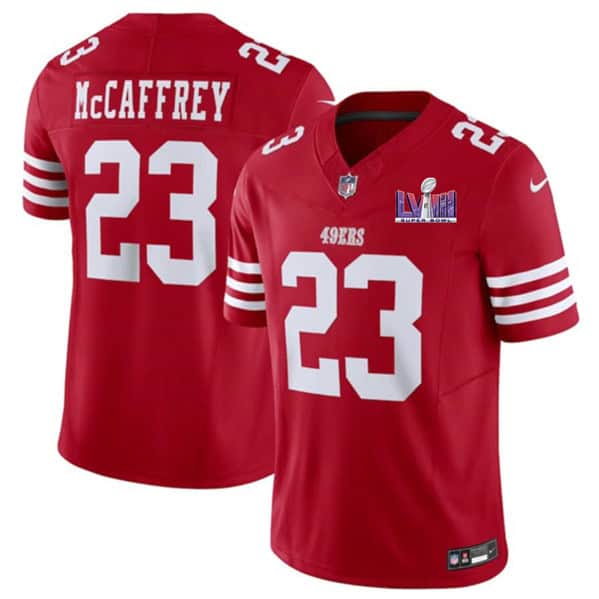 San Francisco 49ers #23 Christian McCaffrey Red 2024 F.U.S.E. Super Bowl LVIII Patch Vapor Untouchable Limited Stitched Jersey