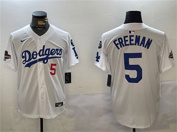 Los Angeles Dodgers #5 Freddie Freeman White 2024 World Series Champions With Fernando Memorial Patch Home Limited Stitched Jersey