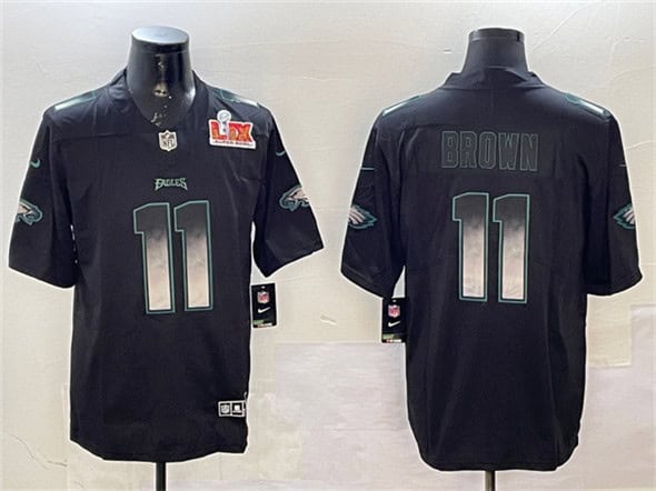 Philadelphia Eagles #11 A. J. Brown Black 2025 Super Bowl LIX Patch Smoke Fashion Vapor Untouchable Limited Stitched Jersey