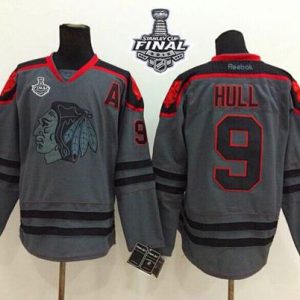 Blackhawks #9 Bobby Hull Charcoal Cross Check Fashion 2015 Stanley Cup Stitched Jersey
