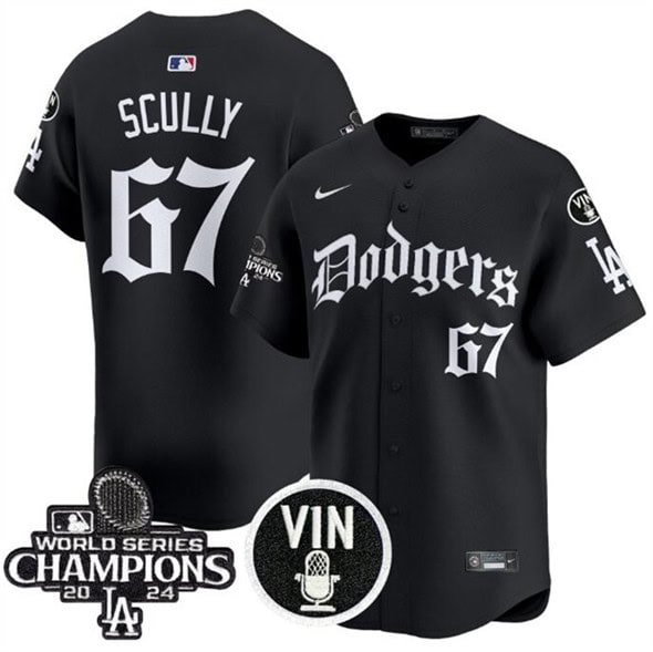 Los Angeles Dodgers #67 Vin Scully Black Mexico 2025 LA Gothic Style With Vin And 2024 World Series Champions Patch Vapor Premier Limited Stitched Jersey