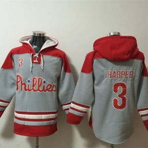 Philadelphia Phillies #3 Bryce Harper Grey Red Ageless Must-Have Lace-Up Pullover Hoodie