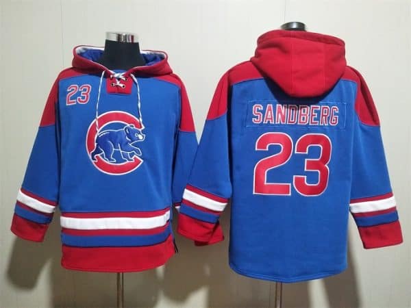 Chicago Cubs #23 Ryne Sandberg Royal Red Ageless Must-Have Lace-Up Pullover Hoodie