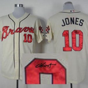 Braves #10 Chipper Jones Cream Cool Base Autographed Stitched Jersey
