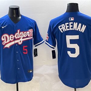 Los Angeles Dodgers #5 Freddie Freeman Royal With American Flag Patch Limited Stitched Jersey