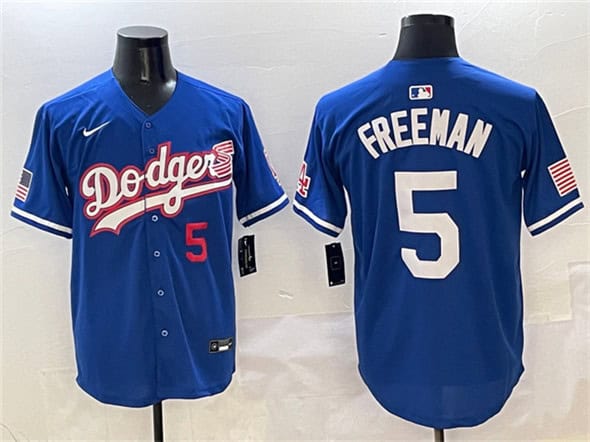 Los Angeles Dodgers #5 Freddie Freeman Royal With American Flag Patch Limited Stitched Jersey
