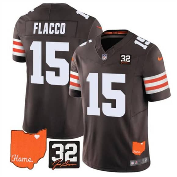 Cleveland Browns #15 Joe Flacco Brown 2025 F.U.S.E. With Jim Brown Memorial Home Patch Vapor Limited Football Stitched Jersey