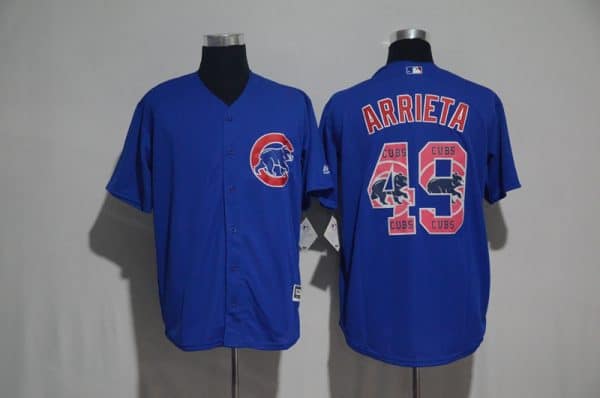 Chicago Cubs #49 Jake Arrieta Blue Team Logo Print Cool Base Stitched Jersey