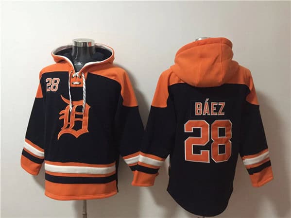 Detroit Tigers #28 Javier B¨¢ez Black Orange Lace-Up Pullover Hoodie