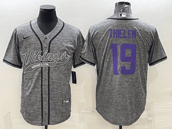 Minnesota Vikings #19 Adam Thielen Grey With Patch Cool Base Stitched Baseball Jersey