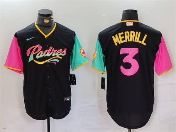 San Diego Padres #3 Jackson Merrill Black City Connect Cool Base Stitched Jersey