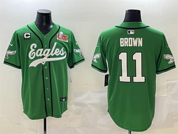 Philadelphia Eagles #11 A.J. Brown Green 2025 Super Bowl LIX And 3-Star C Patch Stitched Jersey