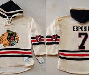 Blackhawks #7 Tony Esposito Cream Heavyweight Pullover Hoodie Stitched NHL Jersey