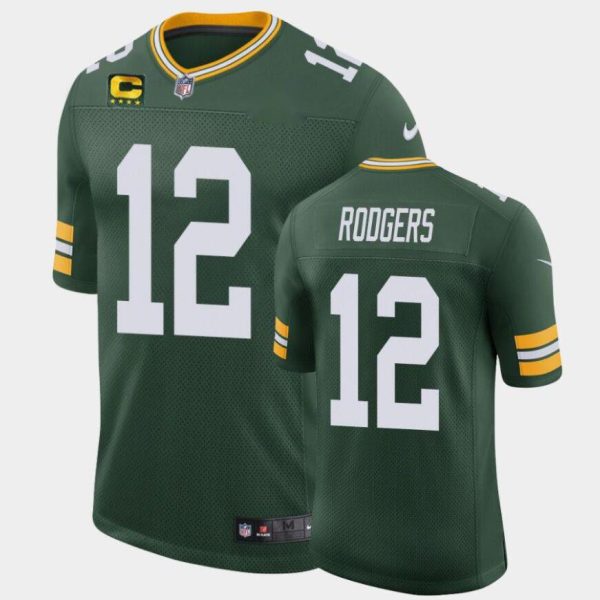 Green Bay Packers #12 Aaron Rodgers Green With C Patch Classic Stitched Jersey