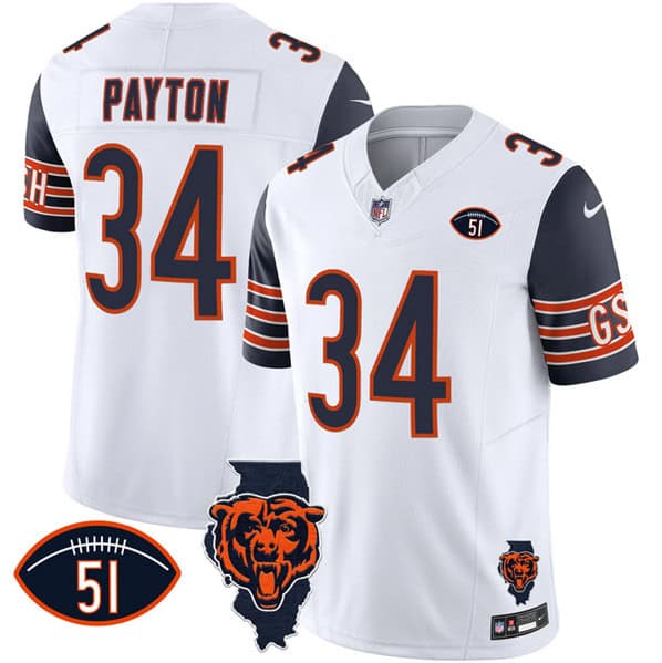 Chicago Bears #34 Walter Payton White F.U.S.E. With Illinois And No. 51 Patch Stitched Jersey