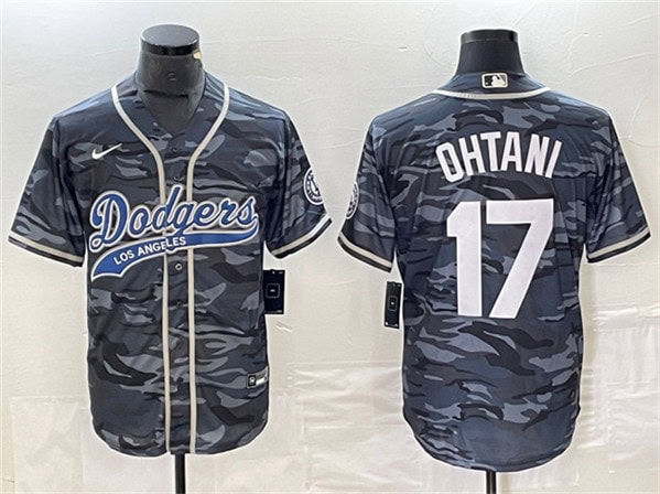 Los Angeles Dodgers #17 Shohei Ohtani Gray Camo Cool Base With Patch Stitched Jersey