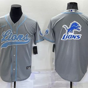Detroit Lions Gray Team Big Logo With Patch Cool Base Stitched Baseball Jersey