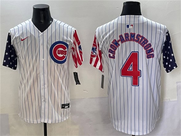 Chicago Cubs #4 Pete Crow-Armstrong White Pinstripe 2025 Independence Day Vapor Premier Limited Stitched Jersey