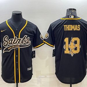 New Orleans Saints #13 Michael Thomas Black Team Big Logo With Patch Cool Base Stitched Baseball Jersey