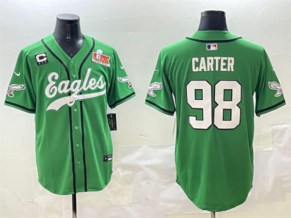 Philadelphia Eagles #98 Jalen Carter Green 2025 Super Bowl LIX And 3-Star C Patch Stitched Jersey