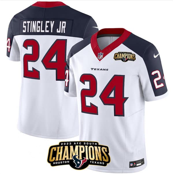 Houston Texans #24 Derek Stingley Jr. White Navy 2023 F.U.S.E. With AFC South Champions Patch And Team Logo Patch Limited Stitched Jersey