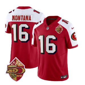 San Francisco 49ers #16 Joe Montana Red White 2023 F.U.S.E. 50th Patch Throwback Stitched Jersey