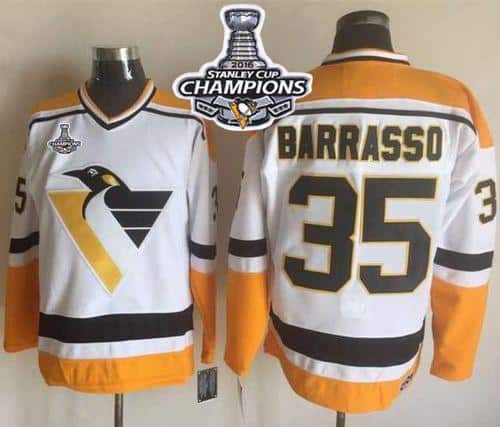 Penguins #35 Tom Barrasso White Yellow CCM Throwback 2016 Stanley Cup Champions Stitched Jersey