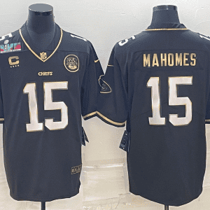 Kansas City Chiefs #15 Patrick Mahomes Black Gold Super Bowl LVII Patch And 4-Star C Patch Vapor Untouchable Limited Stitched Jersey