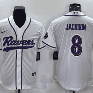 Baltimore Ravens #8 Lamar Jackson White With Patch Cool Base Stitched Baseball Jersey